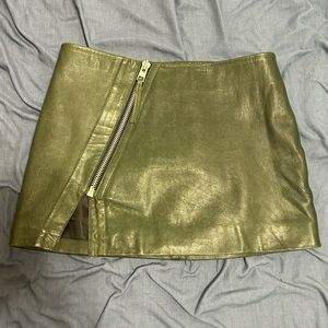 All Saints Asymmetrical Green Leather Mini Skirt